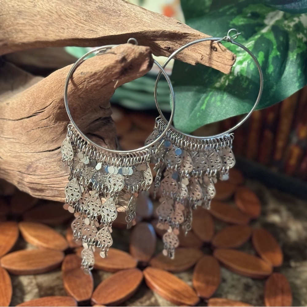Silver Hoop Chandelier Earrings with Dangle Charms